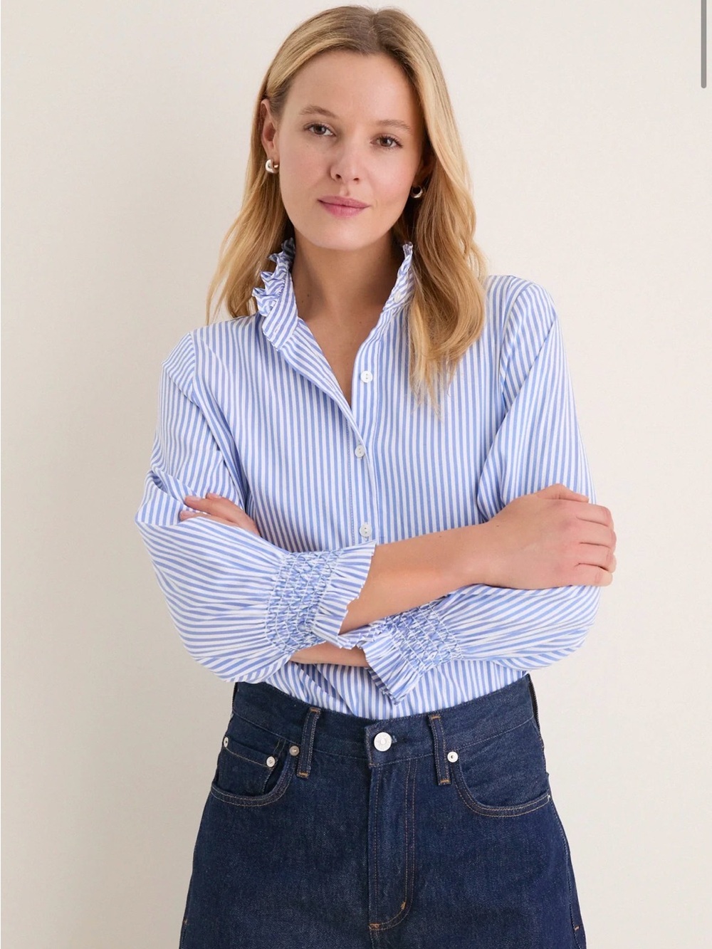 Tuckernuck Blue and White Striped Teagan Ruffle-Collar popover blouse - Medium